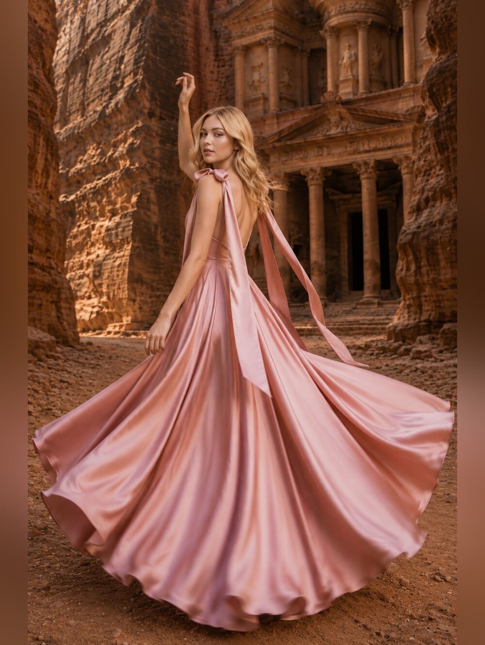 Cinderella Divine Desert Rose  Bow Tie Shoulder Strap Maxi Dress